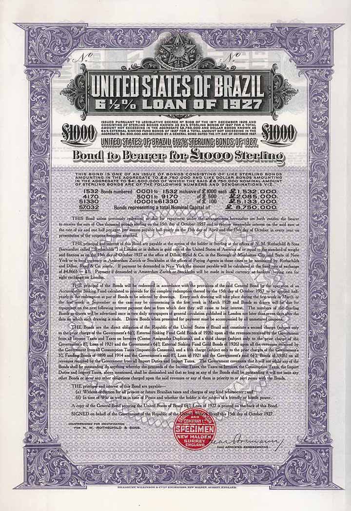 United States of Brazil 6,5 % Sterling Loan of 1927