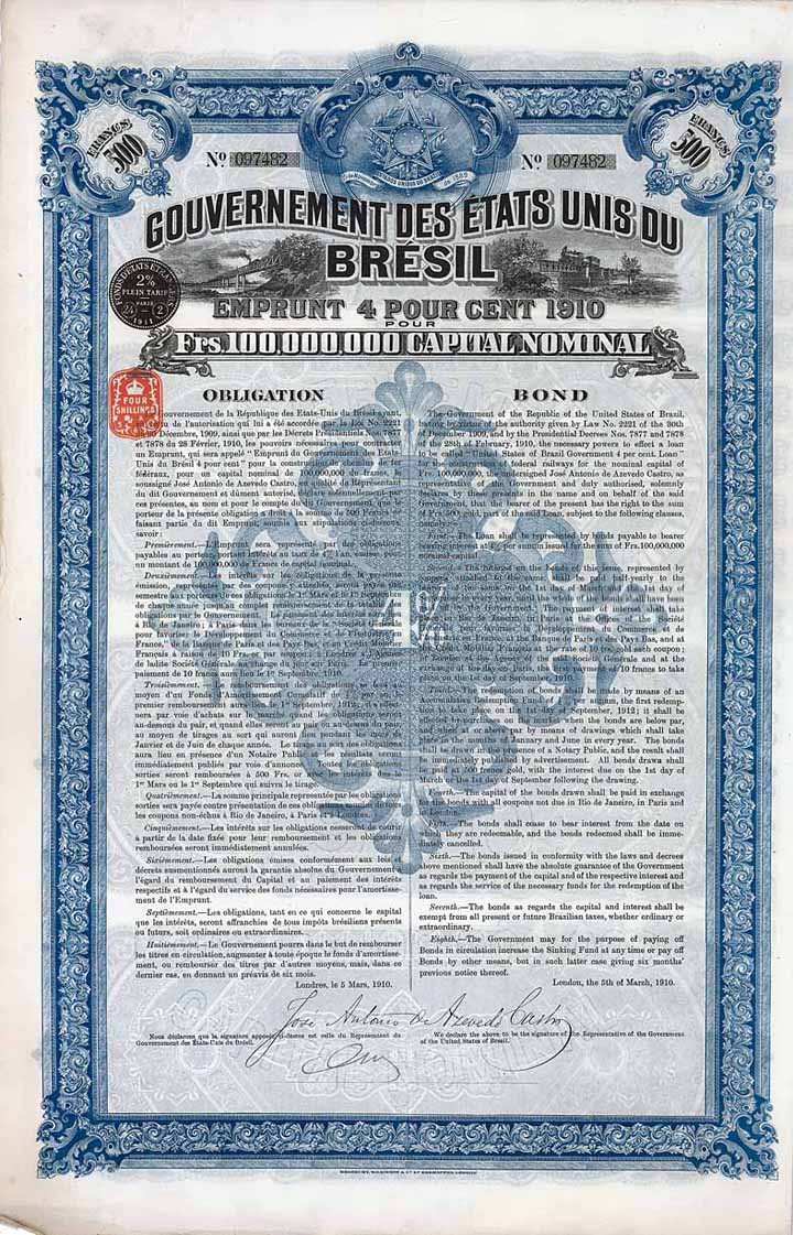 Gouvernement des États Unis du Brésil Emprunt 4 % 1910