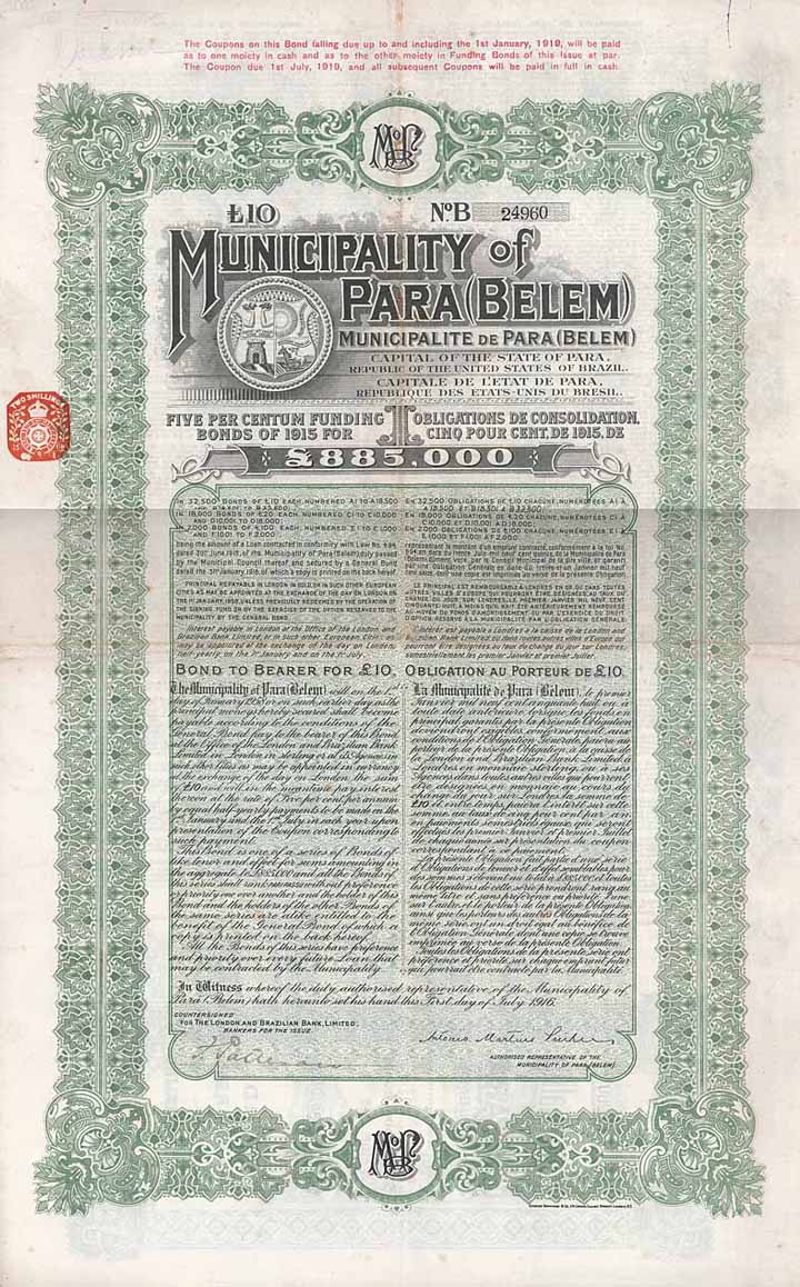 Municipality of Pará (Belem) 5 % Funding Bonds of 1915