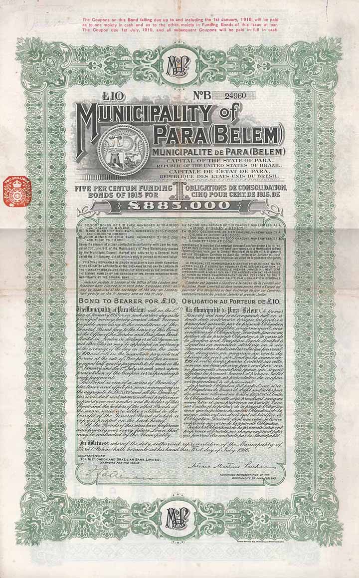 Municipality of Pará (Belem) 5 % Funding Bonds of 1915