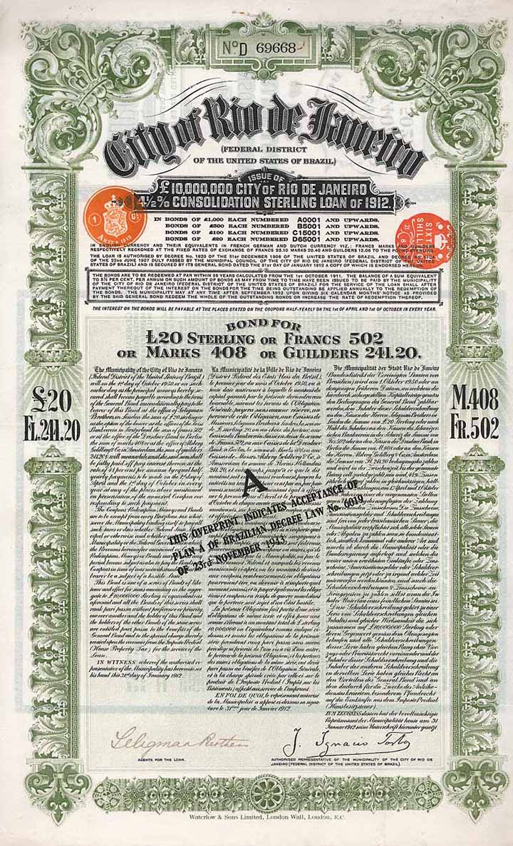 City of Rio de Janeiro (Federal District of the United States of Brazil) 4,5 % Consolidation Sterling Loan of 1912