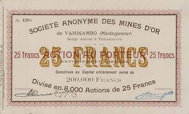 S.A. des Mines d‘Or de Vahinambo (Madagascar)