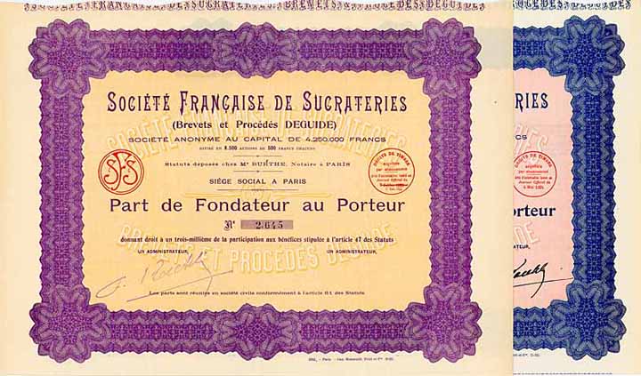 Societe Francaise de Sucrateries (Brevet et Procedes Deguide) (2 Stücke)