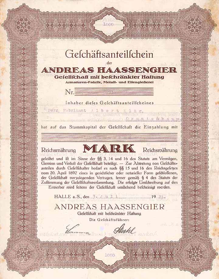 Andreas Haassengier GmbH Armaturen-Fabrik und Eisengiesserei