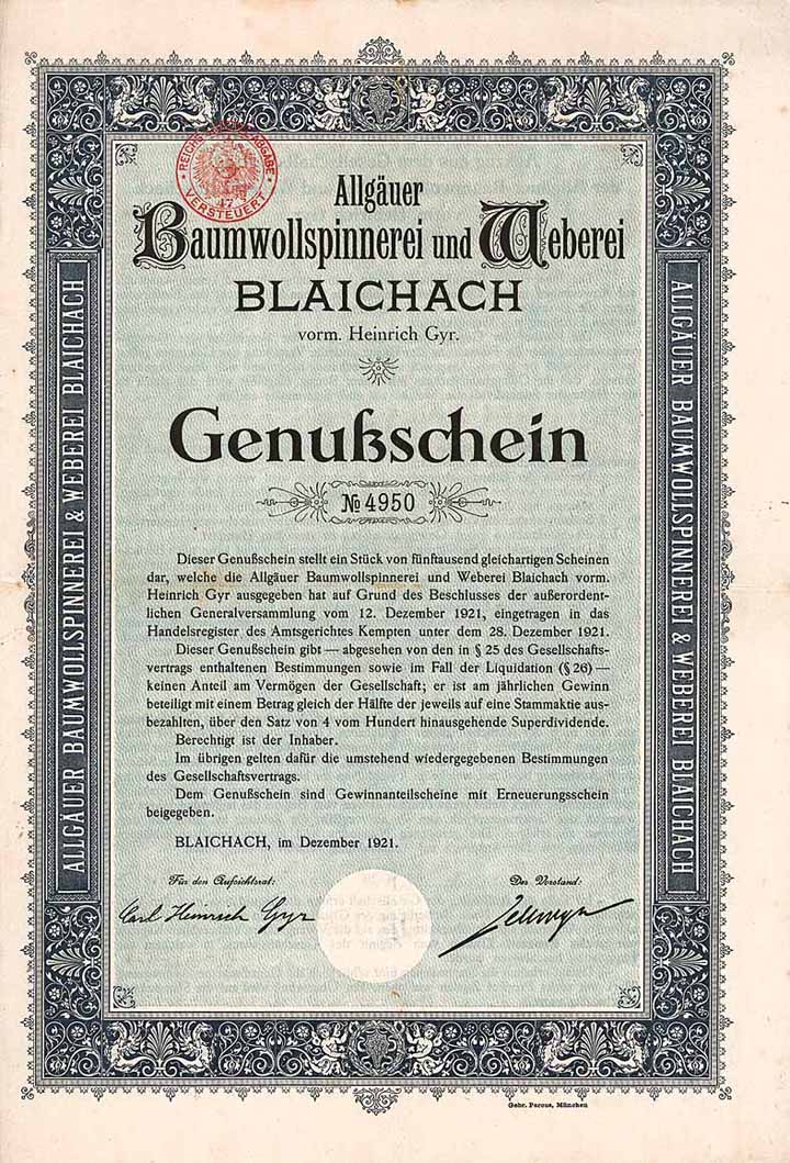 Allgäuer Baumwollspinnerei und Weberei Blaichach vorm. Heinrich Gyr