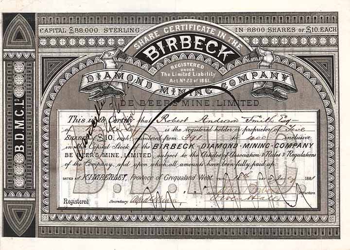 Birbeck Diamond Mining Company de Beer’s Mine Ltd.