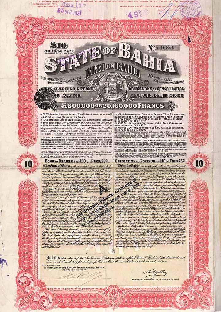 State of Bahia 5 % Funding Loan of 1915