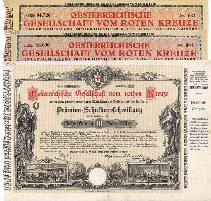 Österreichische Gesellschaft vom Rothen Kreuze (3 Stück) - Italienische Gesellschaft vom Rothen Kreuze (1 Stück) - Serbischer Verein vom Roten Kreuze (1 Stück)