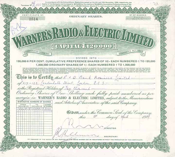 Warner’s Radio & Electrical Ltd.