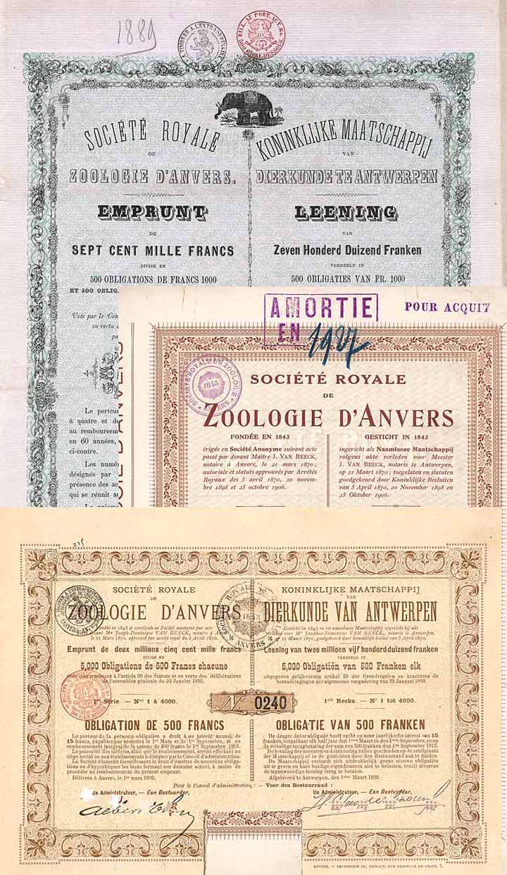 Société Royale de Zoologie d'Anvers (Koninklijke Maatschappij van Dierkunde te Antwerpen) - (5 Stücke)