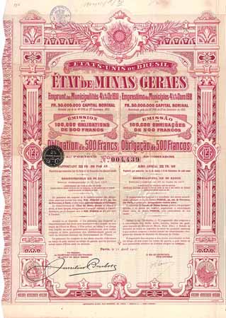 État de Minas Geraes Emprunt des Municipalités 4,5 % Or 1911