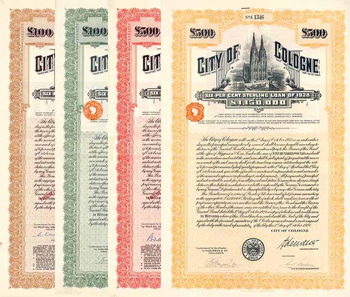 Stadt Köln - City of Cologne - Sterling Loan of 1928 (4 versch. Bonds)