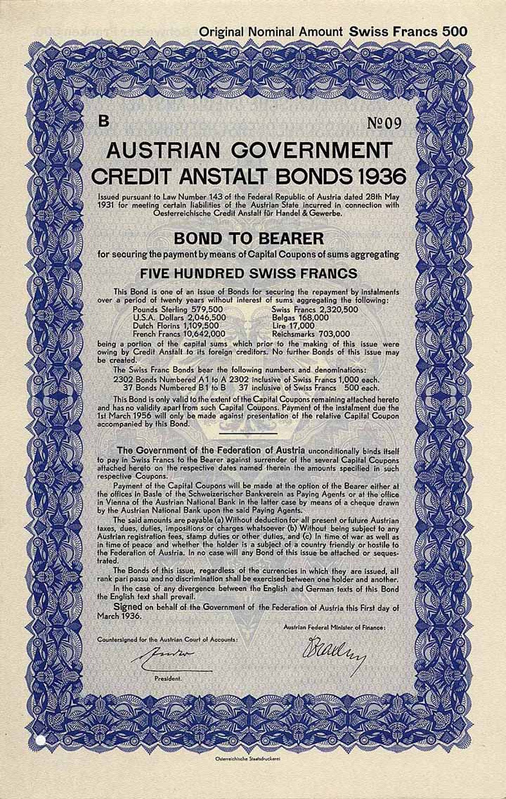 Austrian Government Credit Anstalt Bonds 1936