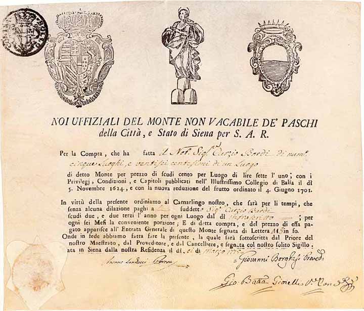 Monte non Vacabile de Paschi della Città, e Stato di Siena per S.A.R.