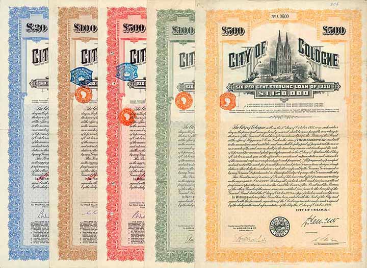 Stadt Köln - City of Cologne - Sterling Loan of 1928 (5 versch. Bonds)