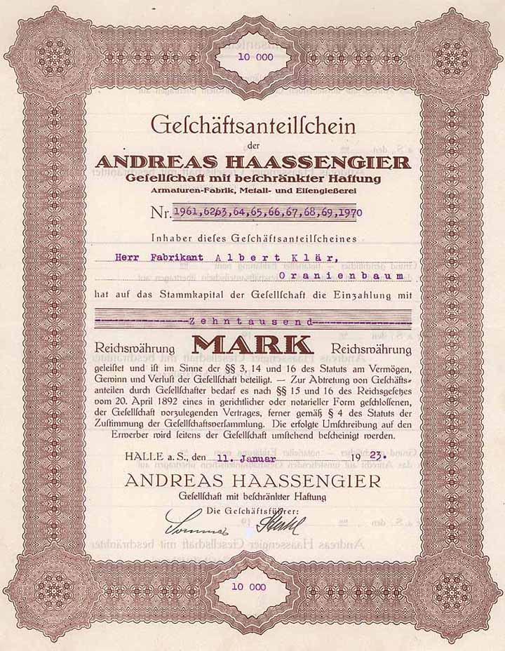 Andreas Haassengier GmbH Armaturen-Fabrik und Eisengiesserei