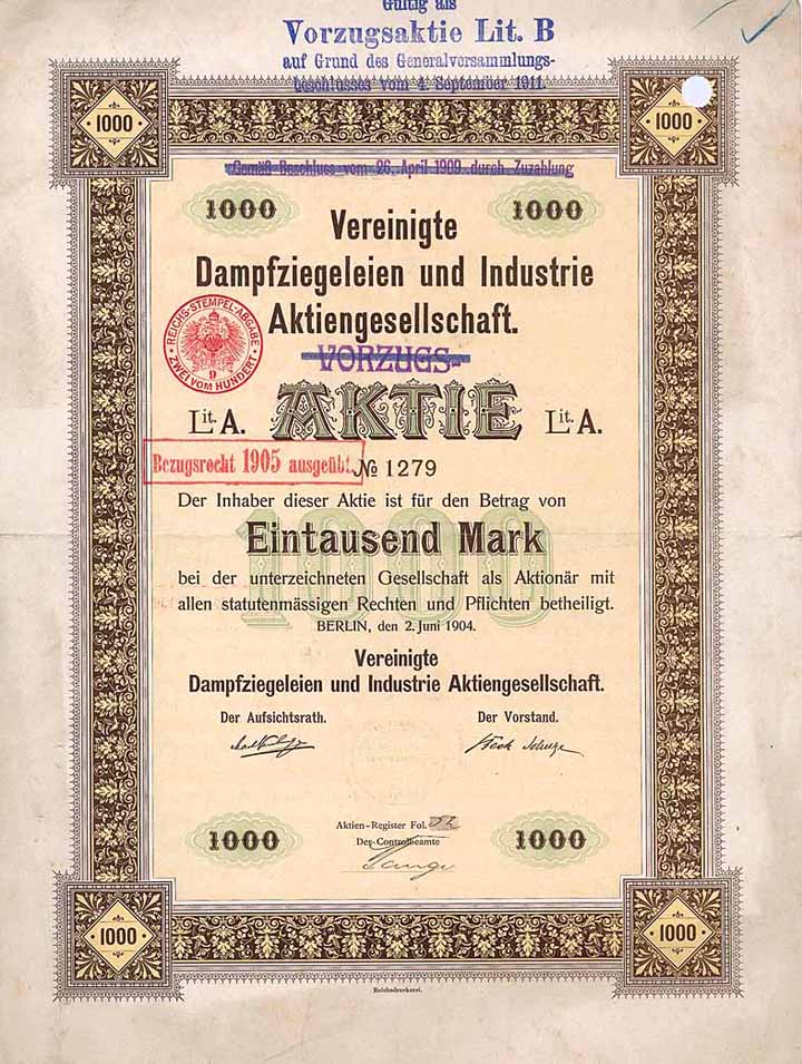 Vereinigte Dampfziegeleien und Industrie AG (seit 1909 VZ-Aktie)